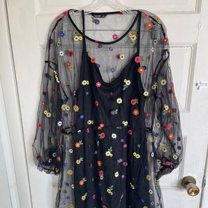 Shein Mesh Floral Embroidered Dress w/ Black Slip Size 2XL